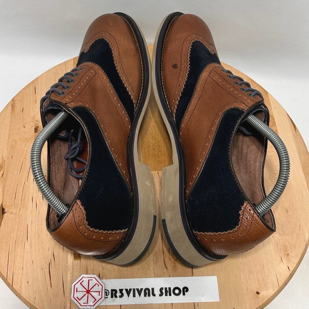 Johnston & Murphy Men's Brown Leather Navy Blue Suede Wingtip Dress Shoes - 9M - Picture 5 of 10